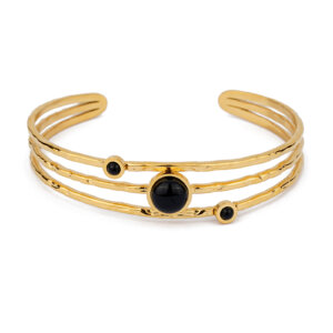 Elegant Gold Plated Stainless Steel Layered Cuff Bracelet with Black Onyx