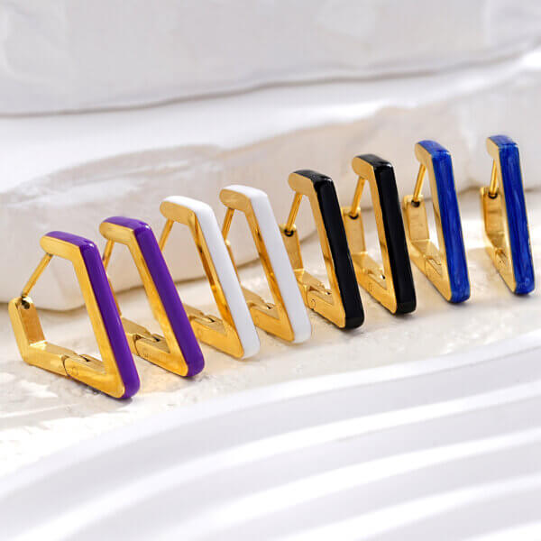 18k Gold Plated Geometric Diamond Shape Enamel Hoop Earrings