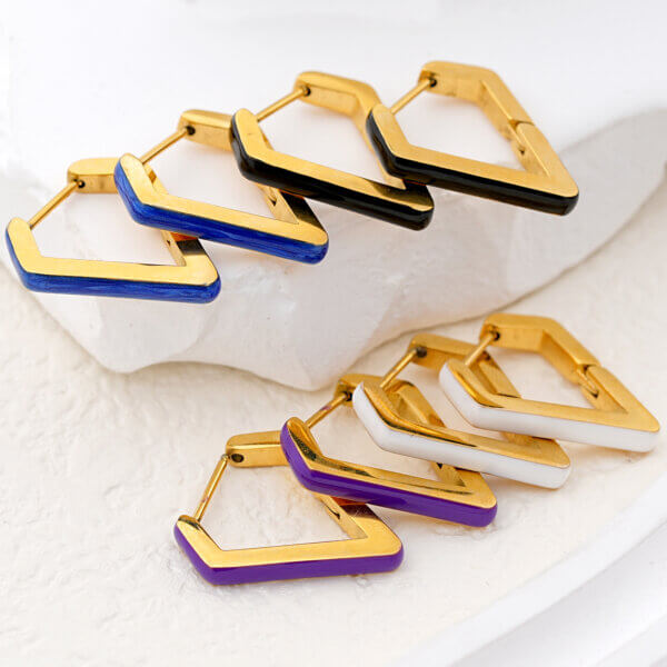 18k Gold Plated Geometric Diamond Shape Enamel Hoop Earrings