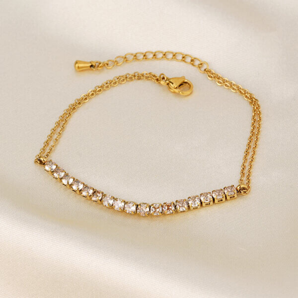 Champagne Cubic Zirconia Gold Tennis Bracelet with Double Chain