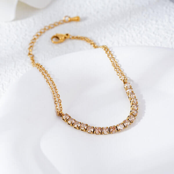 Champagne Cubic Zirconia Gold Tennis Bracelet with Double Chain