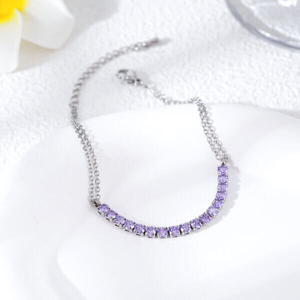 Elegant Stainless Steel Tennis Bracelet with Purple Cubic Zirconia Charm