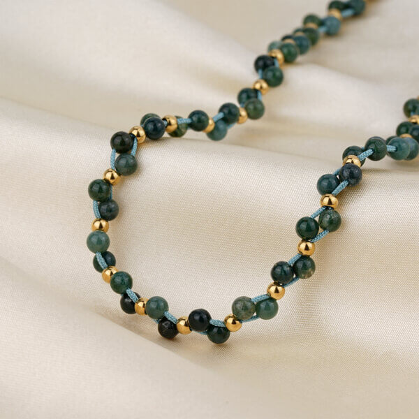 Handmade Boho Chic Green Moss Agate Beaded Cord Necklace 
