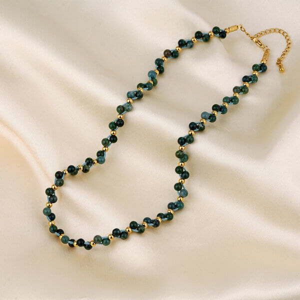 Handmade Boho Chic Green Moss Agate Beaded Cord Necklace 