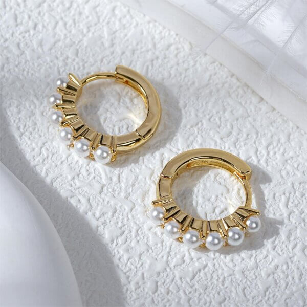 Modern Polished 14K Gold Plated Shell Pearl Hoop Earrings