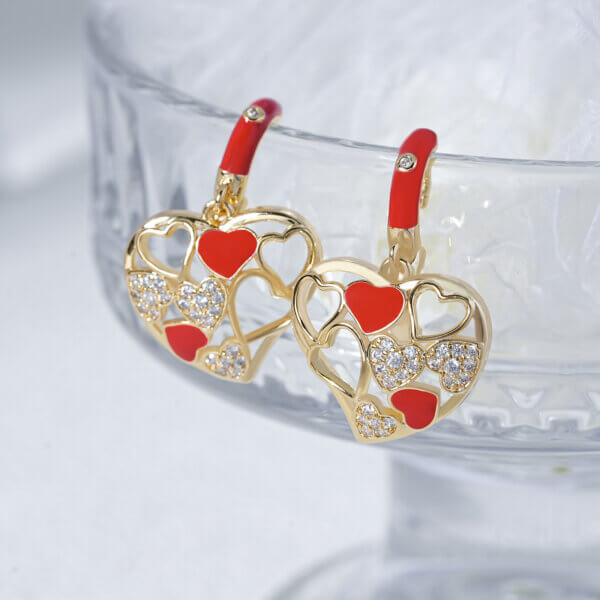 Hollow Red Heart Drop Earrings with 14K Gold Plated Elegance