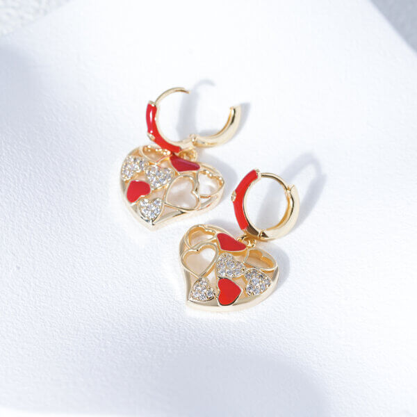 Hollow Red Heart Drop Earrings with 14K Gold Plated Elegance