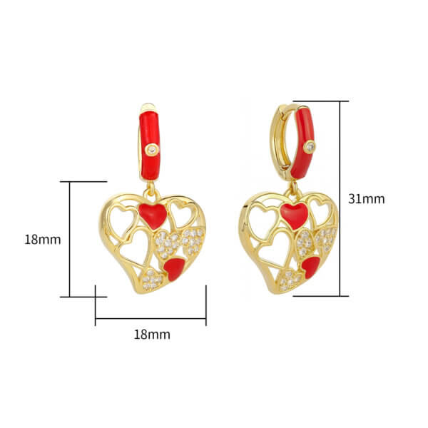 Hollow Red Heart Drop Earrings with 14K Gold Plated Elegance