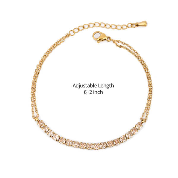 Champagne Cubic Zirconia Gold Tennis Bracelet with Double Chain