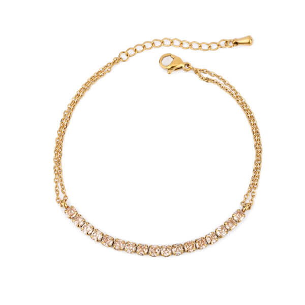 Champagne Cubic Zirconia Gold Tennis Bracelet with Double Chain