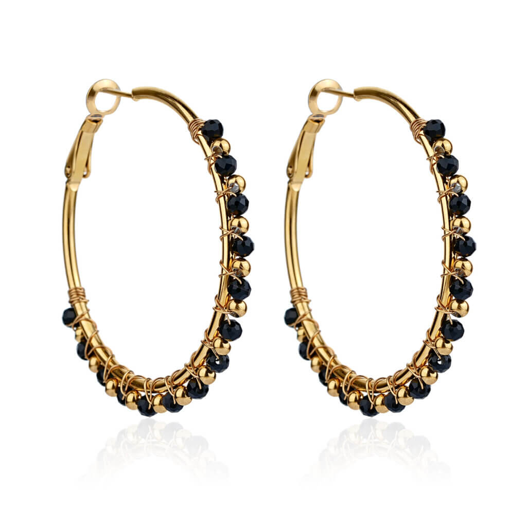 Bold 18K Gold Plated Stainless Steel Black Onyx Hoop Earrings