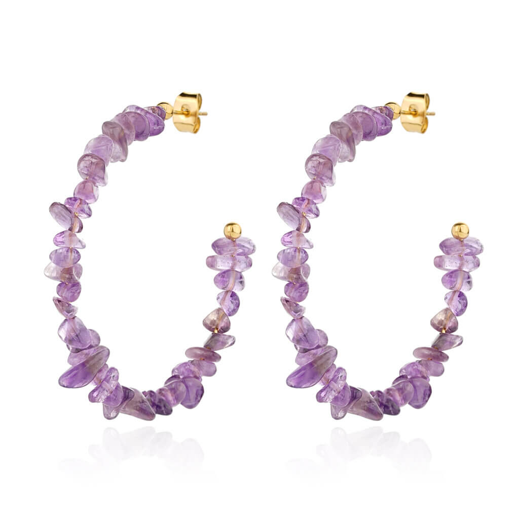 Natural Elegance 18K Gold Plated Raw Amethyst Hoop Earrings