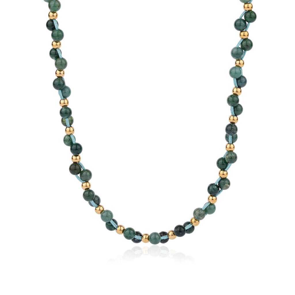 Handmade Boho Chic Green Moss Agate Beaded Cord Necklace 