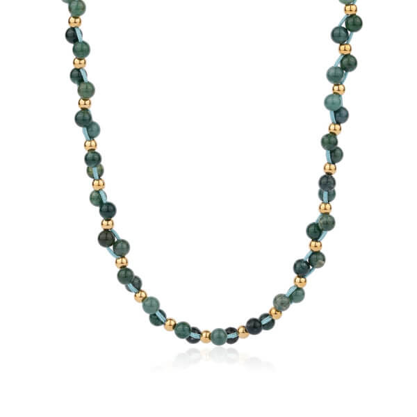 Handmade Boho Chic Green Moss Agate Beaded Cord Necklace 
