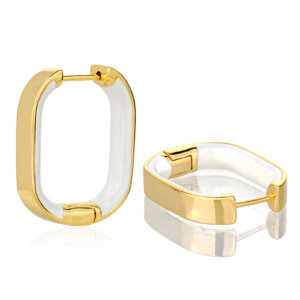 Modern Geometric Brass Gold Earrings with White Enamel Design