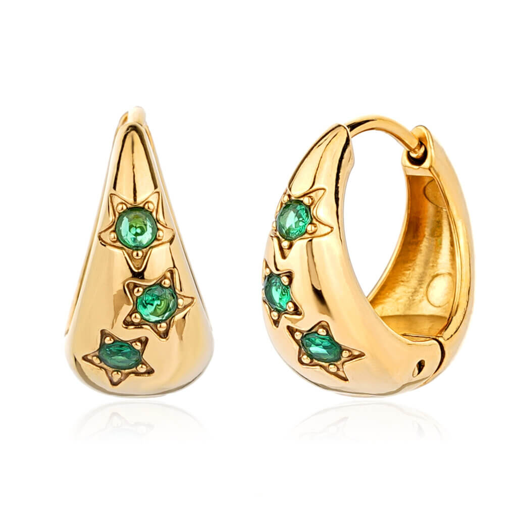 Justop Fashion Jewelry | Stainless Steel Gold Star Huggie Earrings with Green Zircon Stainless Steel Gold Star Huggie Earrings with Green Zircon