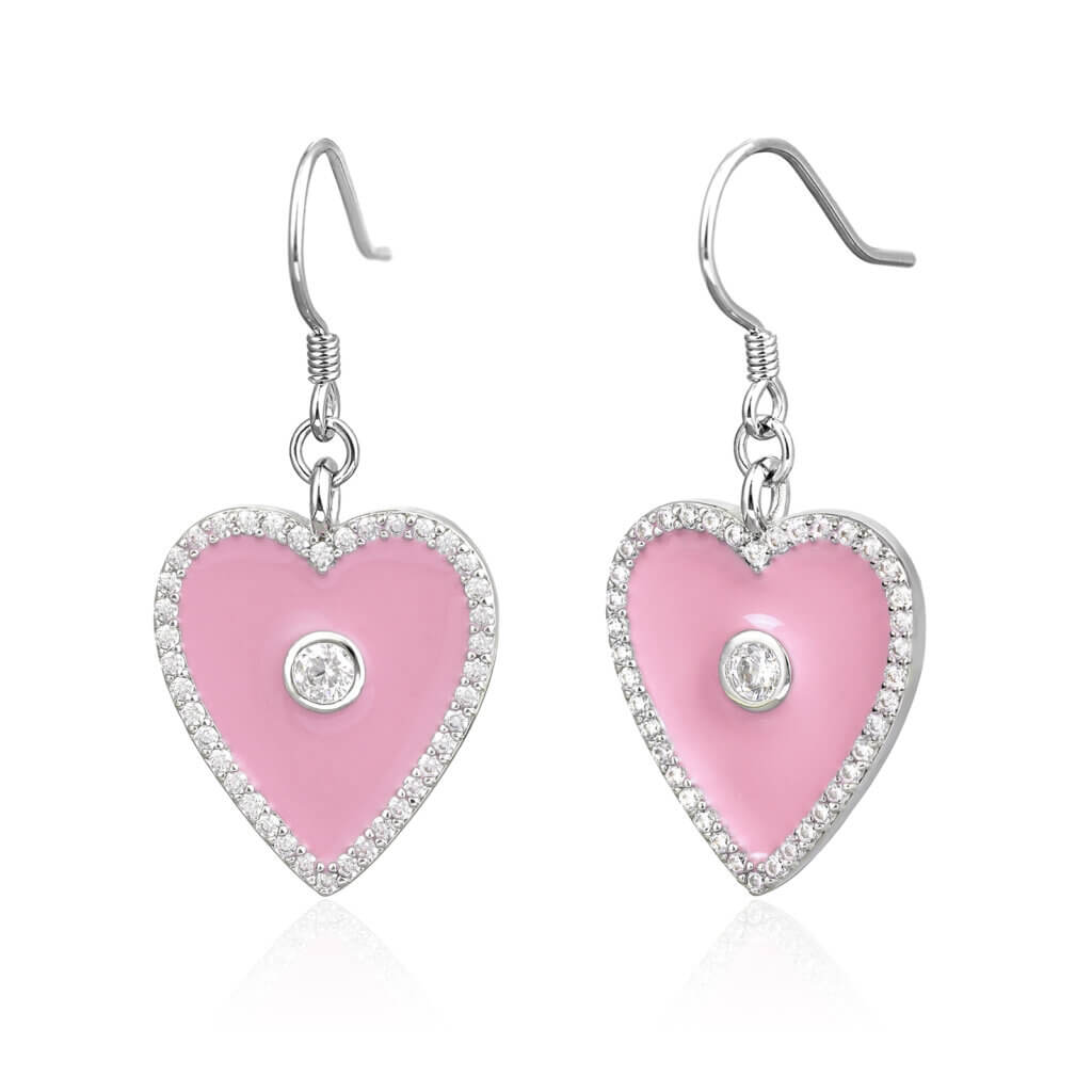 Justop Fashion Jewelry | Rhodium Plated Pink Heart Earrings With Sparkling Zirconia Rhodium Plated Pink Heart Earrings With Sparkling Zirconia