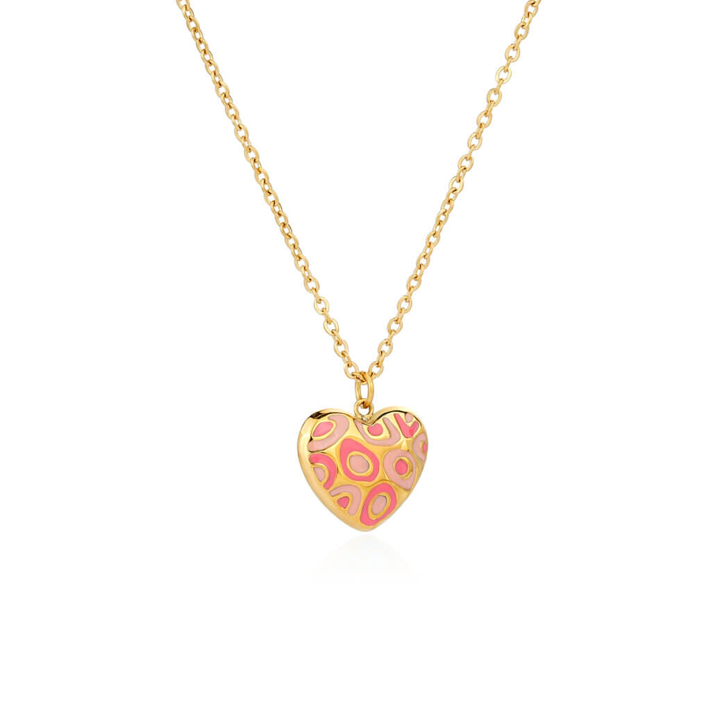 Modern Two Tone Enamel Heart Necklace in Gold Plated Steel