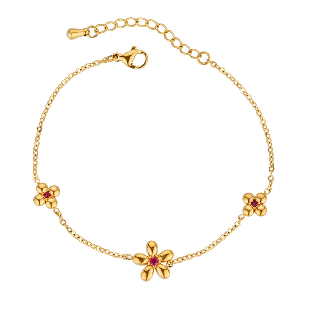Delicate Gold Flower Charm Bracelet with Red Zircon Accent