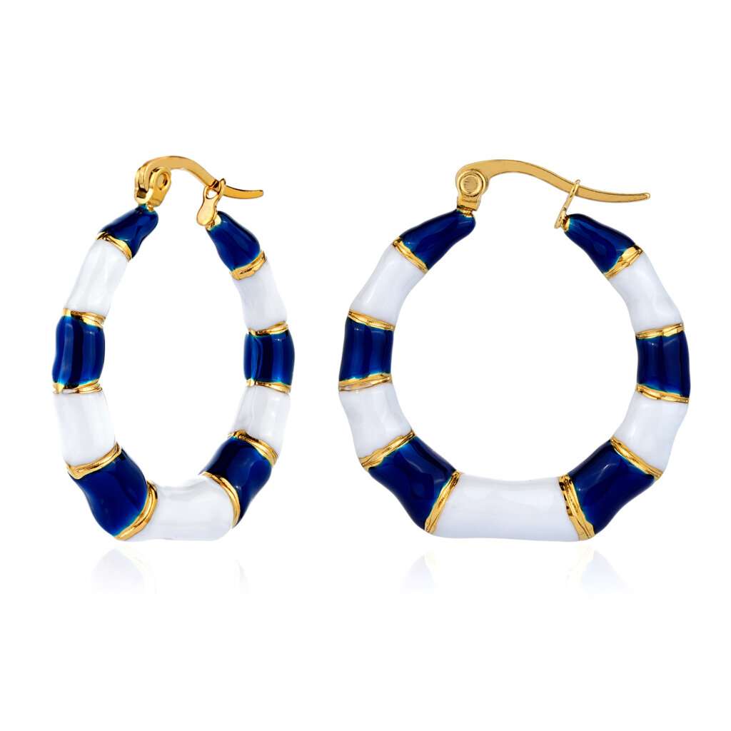 Blue White Enamel Gold Plated Hoop Earrings for Summer Style