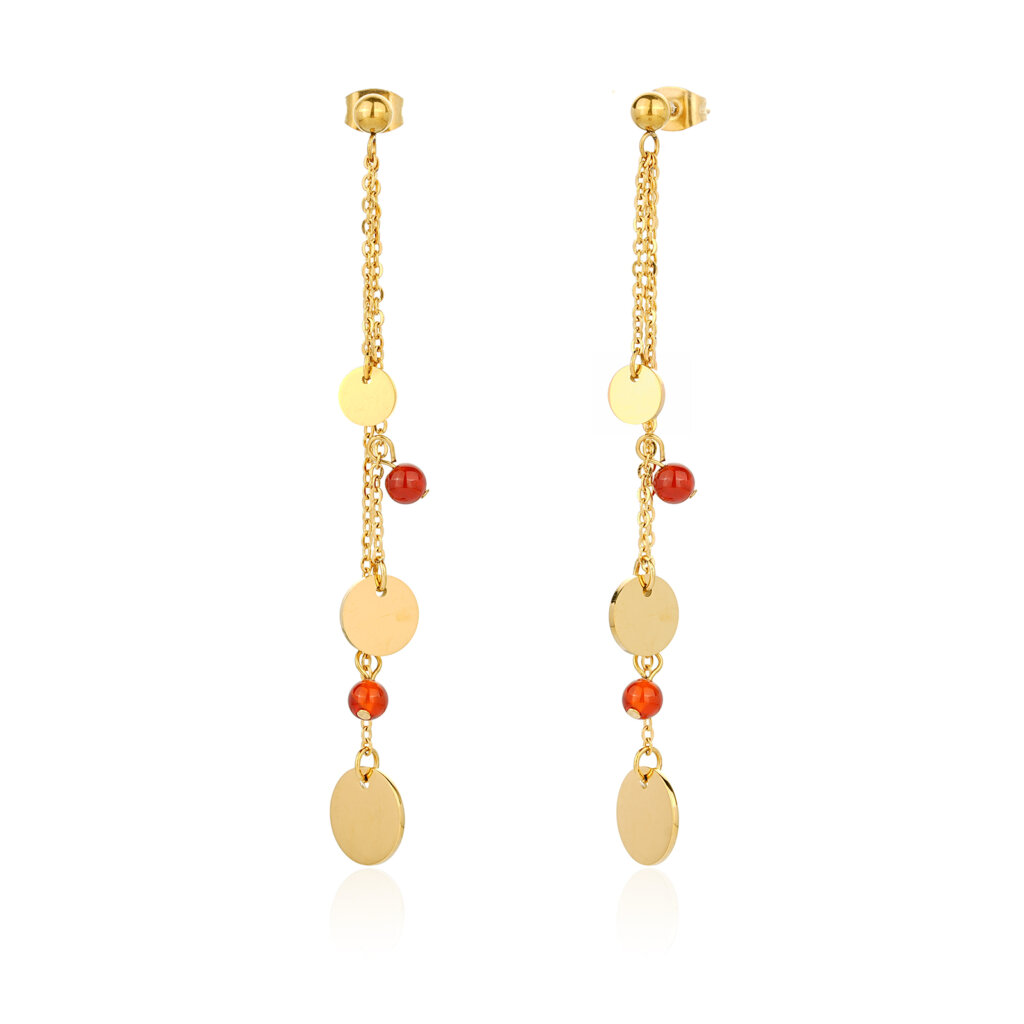 Red Aventurine Beads Long Chain Earrings With Gold Disc