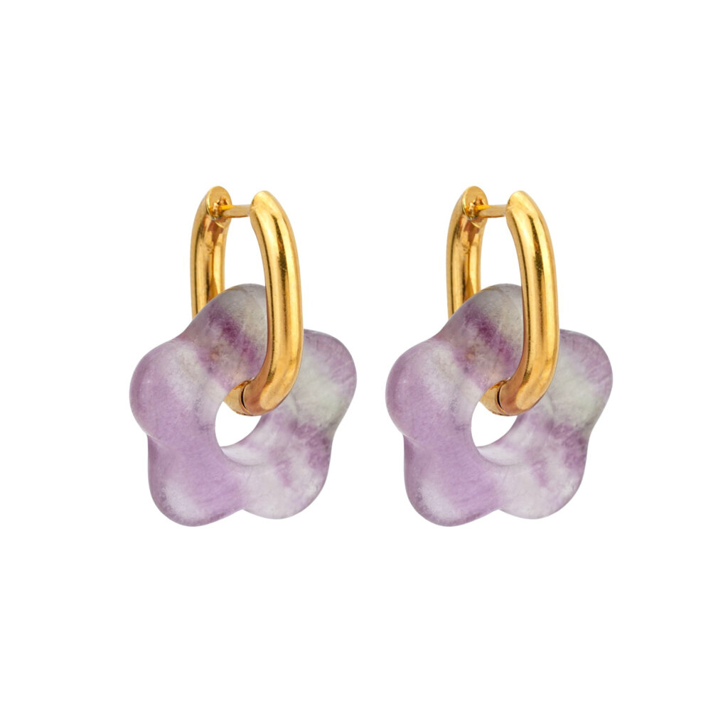 Dainty Gold Hoop Earrings with Colorful Stone Flowers Charms