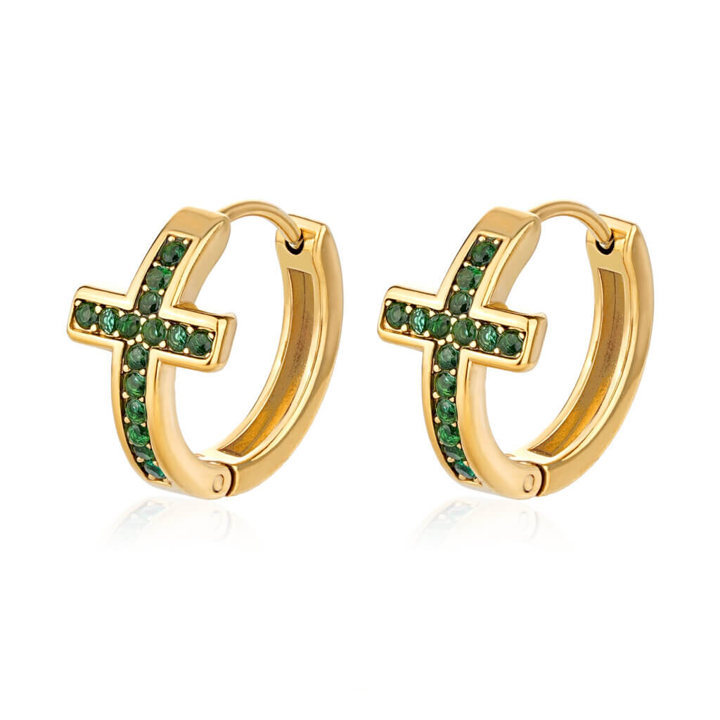 Stylish Gold Cross Hoop Earrings With Sparkling Green Zircon