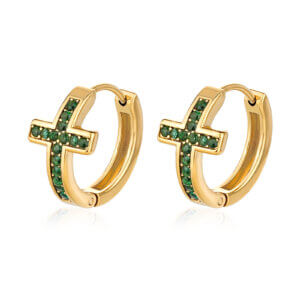 Stylish Gold Cross Hoop Earrings With Sparkling Green Zircon