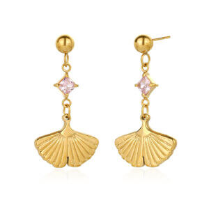 Nature Inspired Pink Zircon Ginkgo Leaf Earrings in Gold Plated Steel