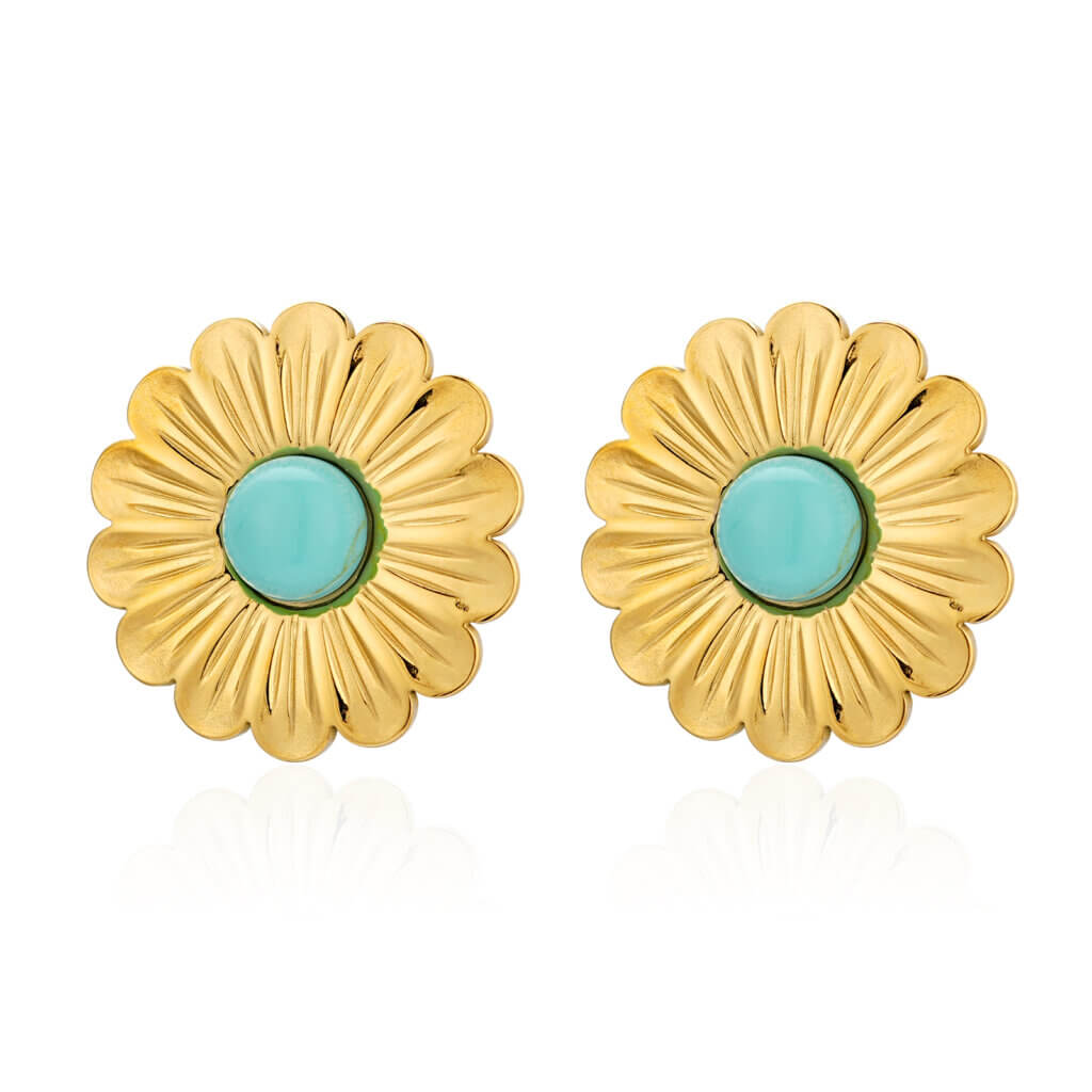 Statement Gold Daisy Flower Earrings With Turquoise Stone