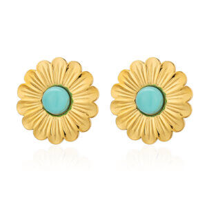 Statement Gold Daisy Flower Earrings With Turquoise Stone