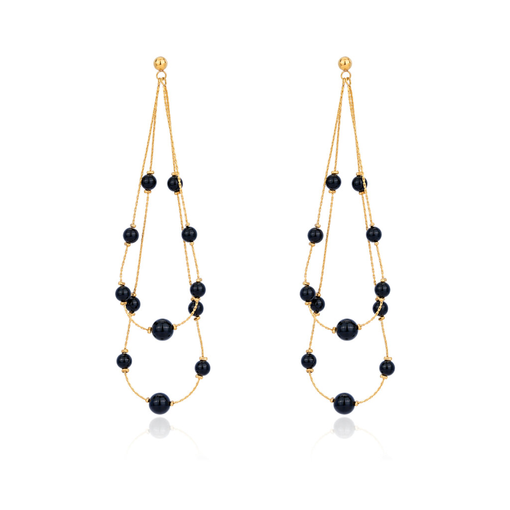 Luxury Gold Plated Black Onyx Bead Dangling Chain Earrings
