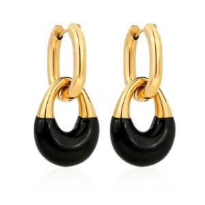 Bold Geometric Gold Hoop Earrings with Black Enamel Statement Style