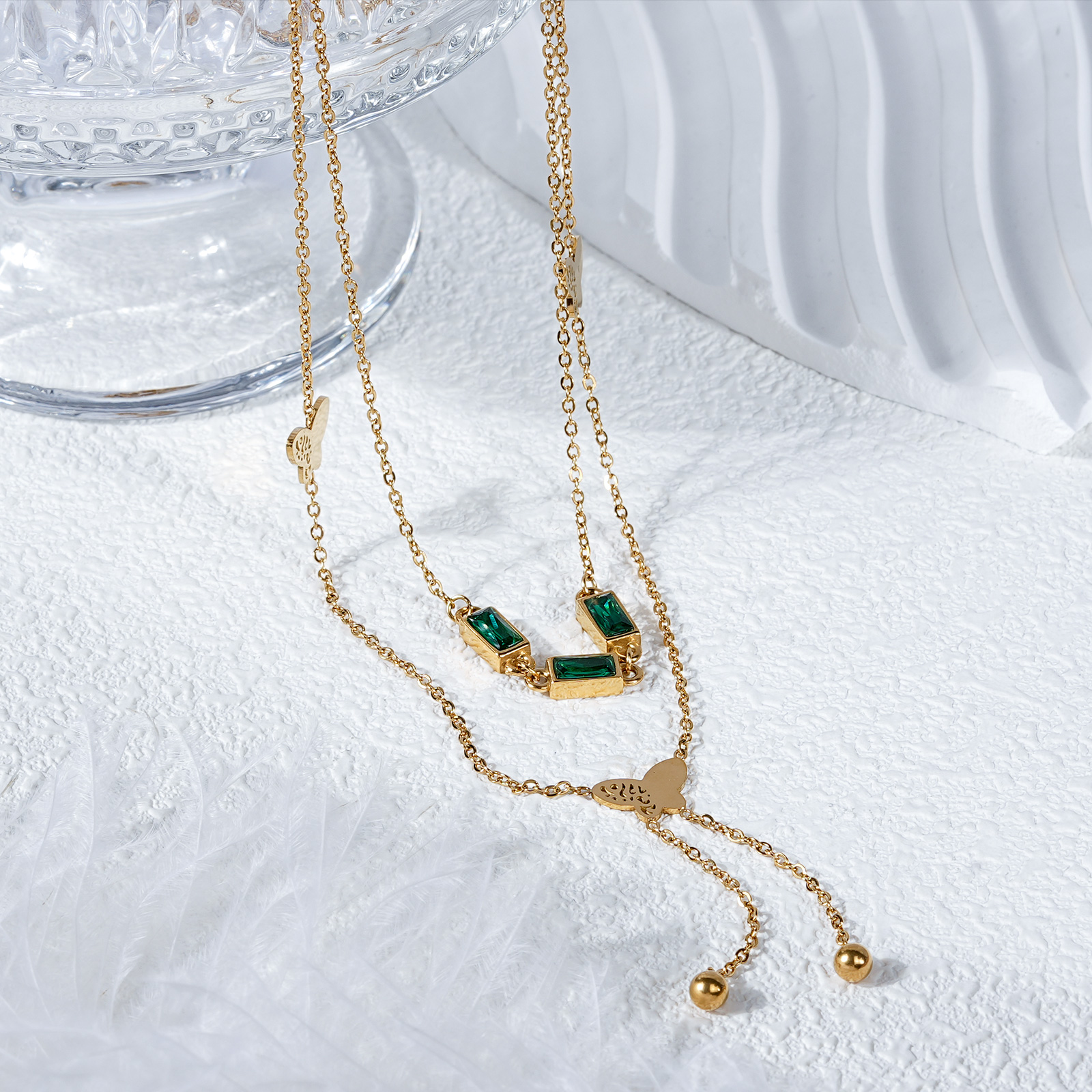 Dainty Double Layer Gold Butterfly Necklace With Green Zirconia - Justop Fashion Jewelry Dainty Double Layer Gold Butterfly Necklace With Green Zirconia - Justop Fashion Jewelry