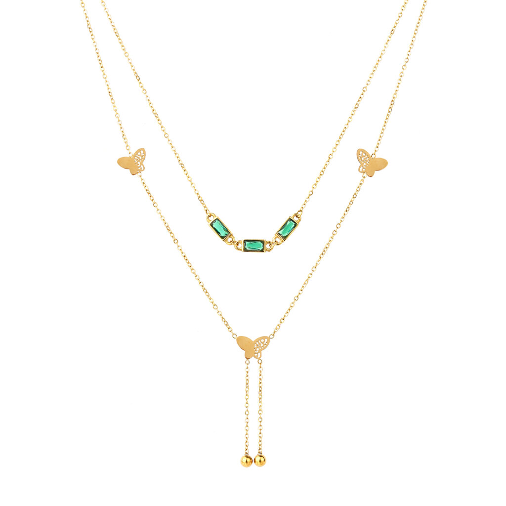Dainty Double Layer Gold Butterfly Necklace With Green Zirconia