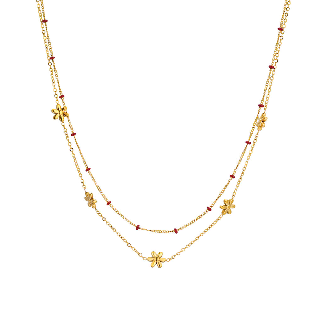 Delicate Double Layer Gold Necklace With Daisy Flower Charms And Enamel Bead