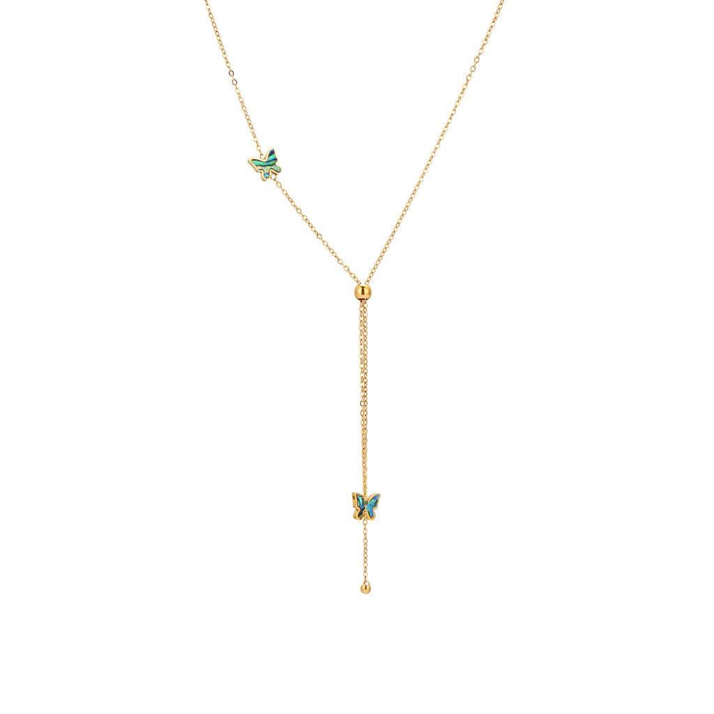 Dainty Gold Butterfly Necklace with Natural Abalone Shell