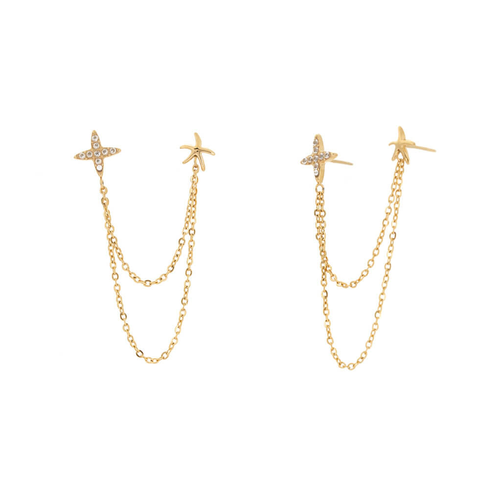 Double Piercing Chain Earrings – Elegant Layered Design in Stainless Steel Gold