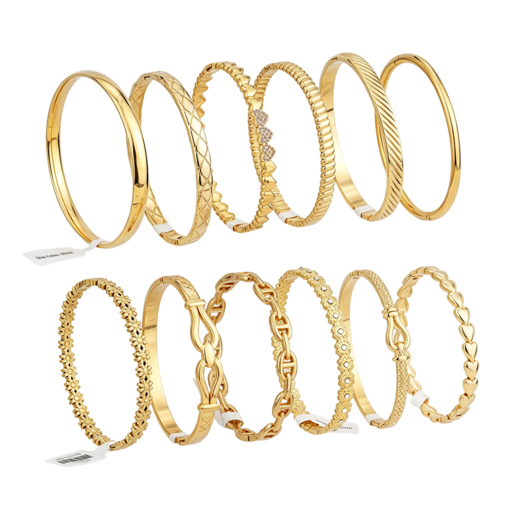 Thin Gold Bangle Bracelet Set With Mixed Textures