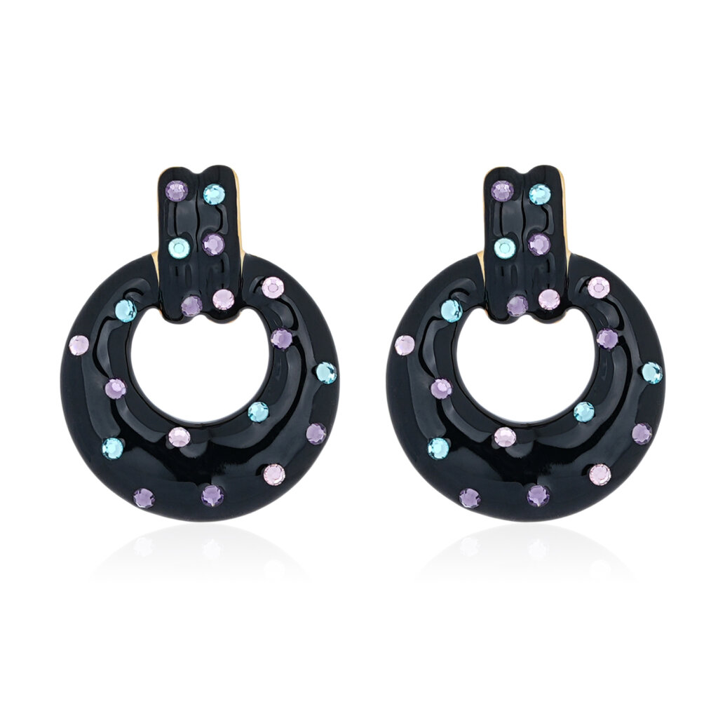 Bold Black Enamel Rhinestone Earrings in Gold Plated Stainless Steel