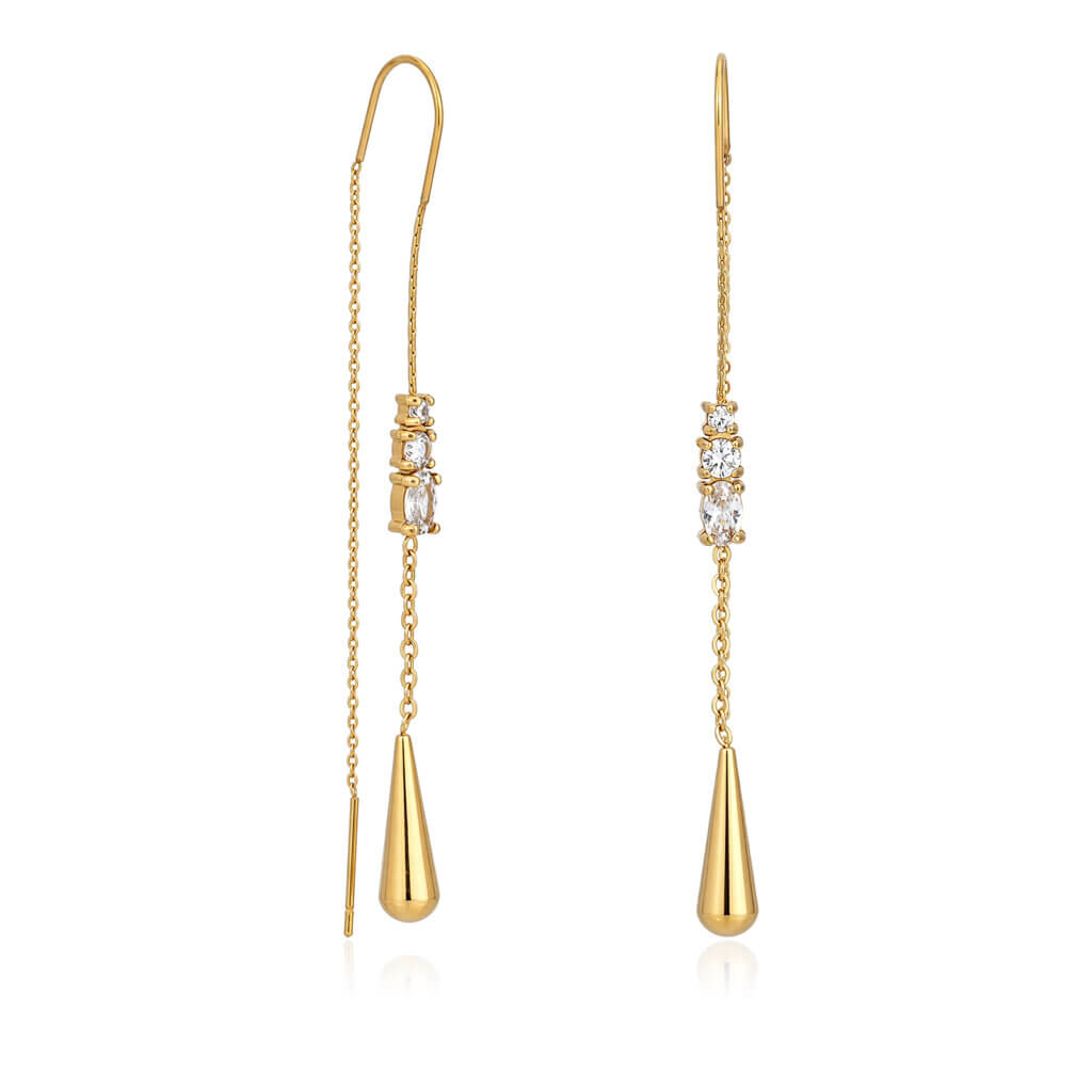 18K Gold Plated Threader Earrings with White CZ and Teardrop Charm