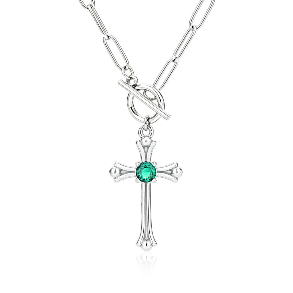 Stainless Steel Cross Necklace with Green Zircon and Paperclip Chain Design