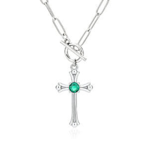 Stainless Steel Cross Necklace with Green Zircon and Paperclip Chain Design