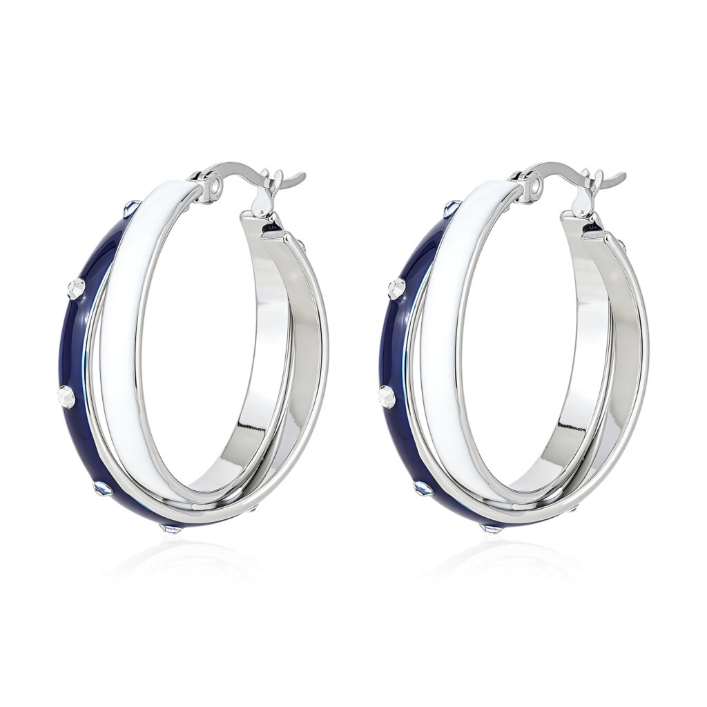 Blue and White Enamel Stainless Steel Hoop Earrings with Rhinestones