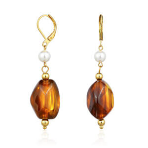 18K gold plated dangle earrings with shell pearl and irregular acrylic centerpiece